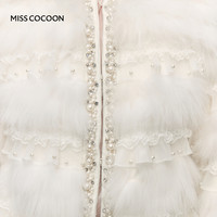 MISSCOCOON可可尼短外套女2025冬季千金风白色蕾丝貉子毛皮草 本白