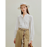 茵曼纯棉花边立领提花白色衬衫2025秋女装长袖上衣 白色 M