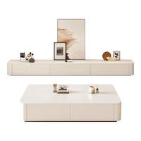 威尼奥现代简约岩板茶几客厅轻奢高级感家用长方形茶几小户型奶油风 1.0米纯白岩板|实木白柜