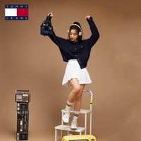 TOMMY JEANS【粗绞花】秋冬女装复古学院风慵懒风宽松圆领针织开衫外套 深海蓝C1G M (:115-130斤)