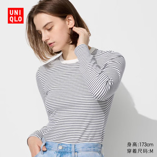 优衣库女装柔软罗纹条纹圆领T恤长袖百搭打底内搭475840 01 乳白色 XS /150/76A