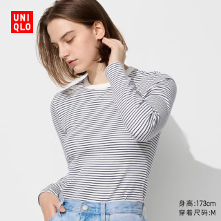 优衣库女装柔软罗纹条纹圆领T恤长袖百搭打底内搭475840 01 乳白色 XS /150/76A