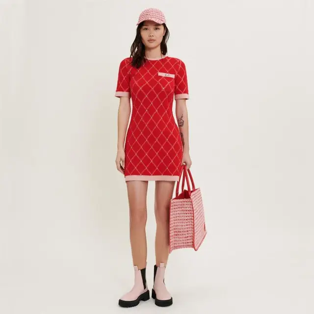 MAJE 国庆出游秋季女装法式时尚千金红色格纹针织连衣裙小香风