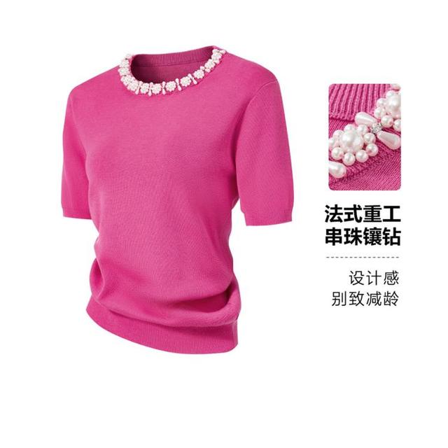 JOSEPH ABBOUD 春秋新款法式高级温柔圆领钉珠花卉领圈T恤针织衫