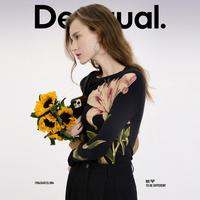 Desigual 25花朵印花弹力修身圆领长袖女士T恤