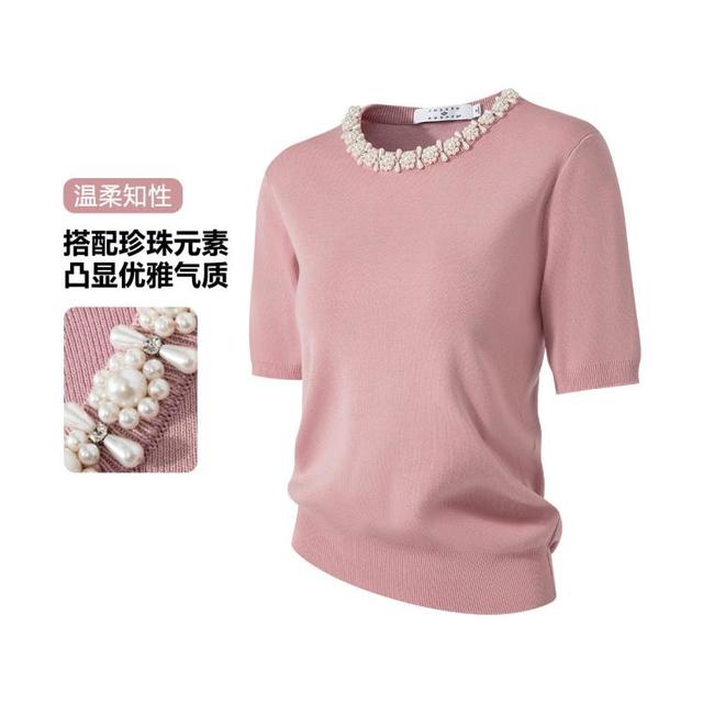 JOSEPH ABBOUD 春秋新款法式高级温柔圆领钉珠花卉领圈T恤针织衫