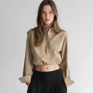 H&M集团女式新潮休闲通勤风松紧下摆翻领短款斜纽扣开衫衬衫