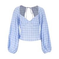 & Other Stories H&M集团温柔甜美格纹露锁骨泡泡系绳短款衬衫女