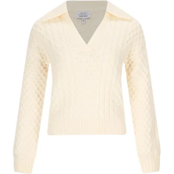 H&M集团【纯色温柔】女式纯羊毛高级感麻花螺纹翻领套头羊毛衫