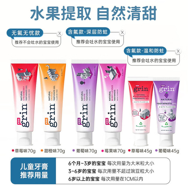 格润安 Grin 儿童牙膏可含氟防蛀3-12岁换牙期婴儿安全牙不辣口