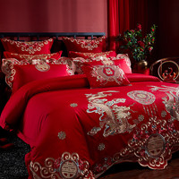 罗兰禧约 ROLAND LIVE全棉婚庆大红色结婚四件套纯棉刺绣婚嫁中式多件套床品  1.8米床四件套丨床单款
