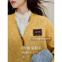 茵曼趣味撞色V领黄色毛衣外套2025秋季女装宽松针织衫开衫 姜黄色 L