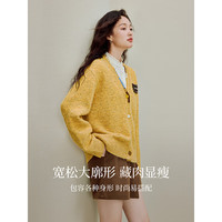 茵曼趣味撞色V领黄色毛衣外套2025秋季女装宽松针织衫开衫 姜黄色 S