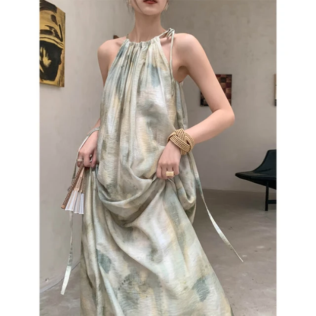 FOURDATRY新中式慵懒风无袖挂脖连衣裙女夏季显瘦度假长裙新款 绿色#662 S