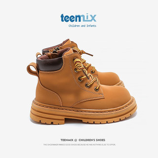 天美意（TEENMIX）童鞋儿马丁靴女童靴子2024春秋大黄靴儿童短靴中大童男童皮靴 驼色 26