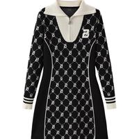 太平鸟女装连衣裙趣味老花针织裙长袖质感老钱风 黑色纹样 M