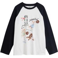 茵曼趣味涂鸦印花撞色插肩袖T恤2025秋季女装新款休闲长袖上衣 云朵白 L