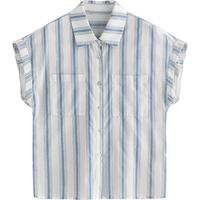 初语夏季条纹连袖翻袖衬衫女清新减龄短袖衬衣上衣 白底蓝条  XL