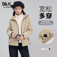班尼路S&K系列外套女秋冬三防夹克宽松百搭防风保暖抗寒上衣服女装 灰白#纯色 XL