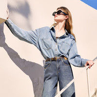 秋水伊人休闲美式牛仔衬衫秋季清仓女装宽松显瘦小个子外套 浅蓝 2XL