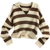 帕罗（PALUOPO）羊毛毛衣毛线衫女新款秋冬装条纹针织开衫慵懒风加厚套头上衣服   F