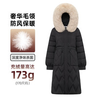 千仞岗 冬季女士中长款羽绒服女百搭休闲时尚冬装保暖防寒服毛领连帽外套 魔力黑 S (160)