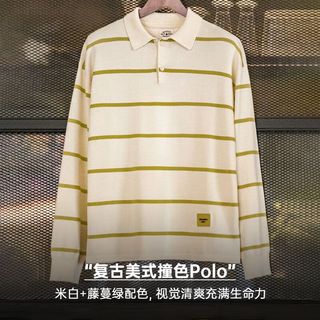 马登 MADEN 美式条纹撞色针织 Polo衫 米杏色 M