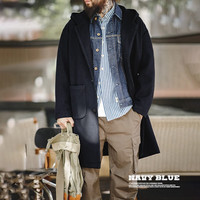 马登 MADEN工装 美式复古学院风羊毛呢子大衣连帽保暖中长款毛呢外套男冬 藏青色 L (175)