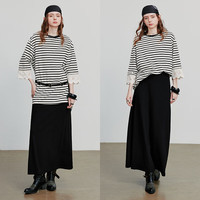 初语棉质宽松中长袖T恤2025秋季新款拼接蕾丝中袖航海风条纹上衣七夕