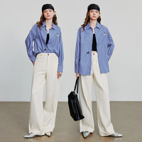 初语条纹衬衫长袖开衫女2025秋季新款宽松萌宠小狗刺绣上衣