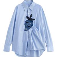 初语浅蓝色条纹长袖衬衫女春季草莓上衣2025年设计感衬衣 浅蓝色 XL