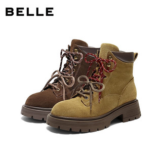 百丽（Belle）厚底大黄工装马丁靴女25冬新商场款厚底增高休闲短靴E4W2DDD5 土黄 37