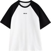 初语纯棉抗菌宽松T恤女2025夏季撞色插肩袖字母印花上衣 黑色-白色-SMILE S