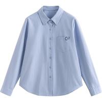 初语致敬艺术家油画刺绣衬衫女2025秋季百搭纯棉上衣 天蓝色 S