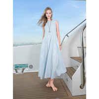 三彩2025夏季无袖连衣裙收腰花苞裙长裙圆领背心裙侘寂风M 天空蓝 M 160/84A