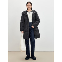 太平鸟女装狐狸毛领中长款羽绒服女柔软连帽保暖牛角扣面包服 黑色 L