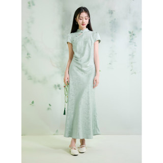 三彩 2025夏季新中式玫瑰缎面连衣裙改良旗袍裙C 薄荷绿花卉 M 160