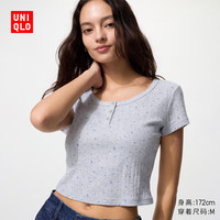 优衣库 女装提花罗纹亨利领印花T恤/短袖辣妹风25春夏484951