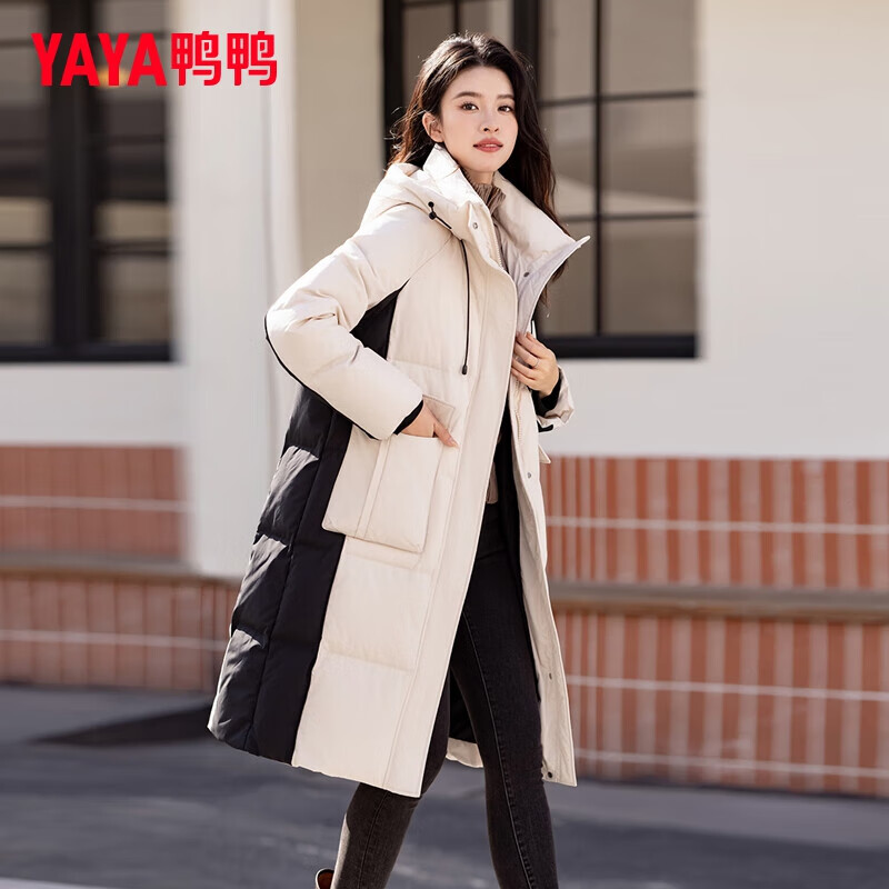 鸭鸭严选羽绒服女中长款2025冬季新款撞色设计休闲时尚加厚防风保暖外套潮