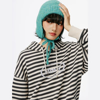 Mmlg连帽卫衣女版2025早秋经典条纹实用袋鼠兜撞色logo休闲上衣 蓝白条 S