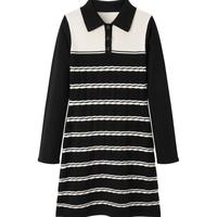 太平鸟POLO领针织连衣裙春季长袖修身内搭打底条纹减龄 黑白条纹 S