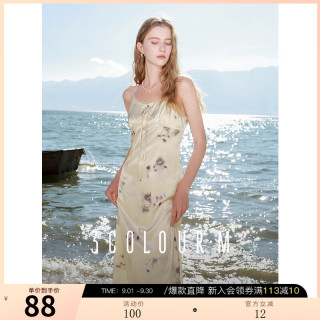 3COLOUR 三彩 2025秋款蕾丝花边圆领吊带裙印花连衣裙法式浪漫M 香槟色花卉