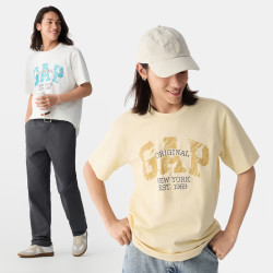 Gap 男女装秋季款纯棉印花logo圆领短袖T恤艺术感上衣725626 奶油黄色 2XL (185/104A)亚洲尺码