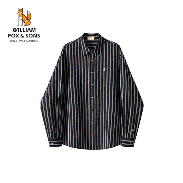 William fox&sons 新复古回潮男装泡泡纱工艺提花条纹面料小狐狸刺绣宽松长袖衬衫男