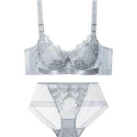 夏.娃.之.秀内衣女国潮刺绣文胸套装软支撑轻奢调整型侧收副乳胸罩内衣内裤 银灰 75B 配L