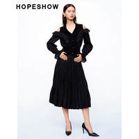 红袖春季2024女装纯色立体压褶A字半身裙 黑050 XL