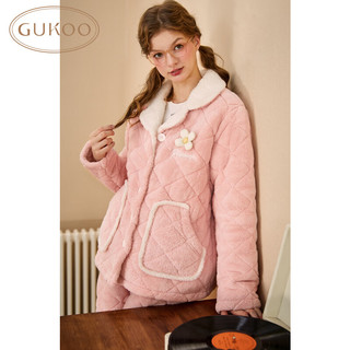 果壳（Gukoo）睡衣女冬季夹棉款加绒加厚多色简约可外穿家居服套装D 天堂粉套装 L