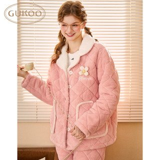 果壳（Gukoo）睡衣女冬季夹棉款加绒加厚多色简约可外穿家居服套装D 天堂粉套装 L