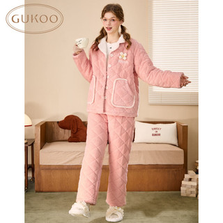 果壳（Gukoo）睡衣女冬季夹棉款加绒加厚多色简约可外穿家居服套装D 天堂粉套装 L