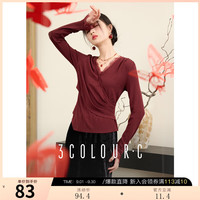 3COLOUR 三彩 2025秋季新中式睫毛蕾丝T恤修身长袖套头C 车厘子红 S